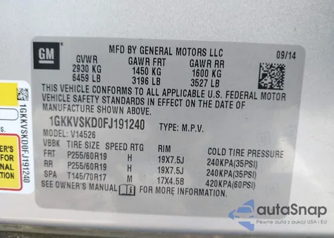 2015 GMC Acadia Slt-2 z USA, uszkodzony, nr VIN 1GKKVSKD0FJ191240